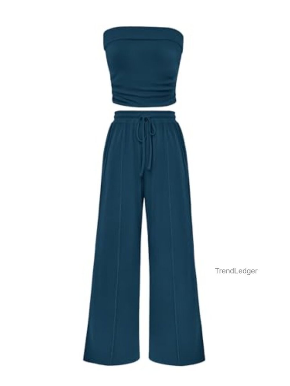 Ribbed Knit 2 Piece Wide Leg Pants Set Tube Top Lounge Travel Outfit
